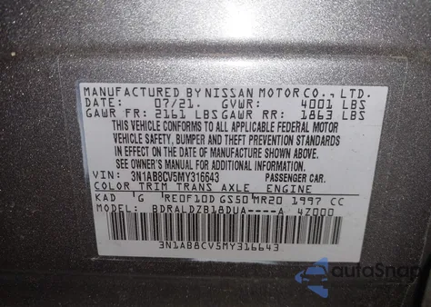 2021 Nissan Sentra Sv Xtronic Cvt z USA, uszkodzony, nr VIN 3N1AB8CV5MY316643